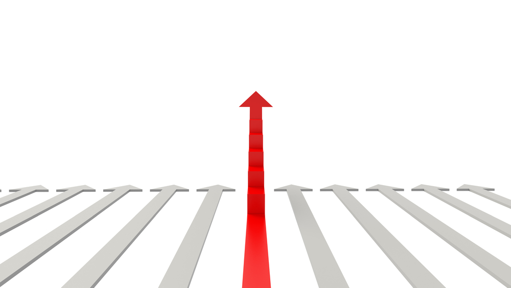 在成功的商业战略营销或交易股票市场概念中带有红色箭头的增长图在楼梯上上升3d抽象插图图表上的正确方向