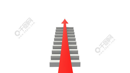 在成功的商业战略、营销或交易股票市场概念中,带有红色箭头的增长图在楼梯上上升。 3d 抽象插图。图表上的正确方向。